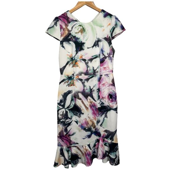 Betsey Johnson Floral Scuba Midi Dress with Ruffle Hem - Size 12 - Picture 1 of 13